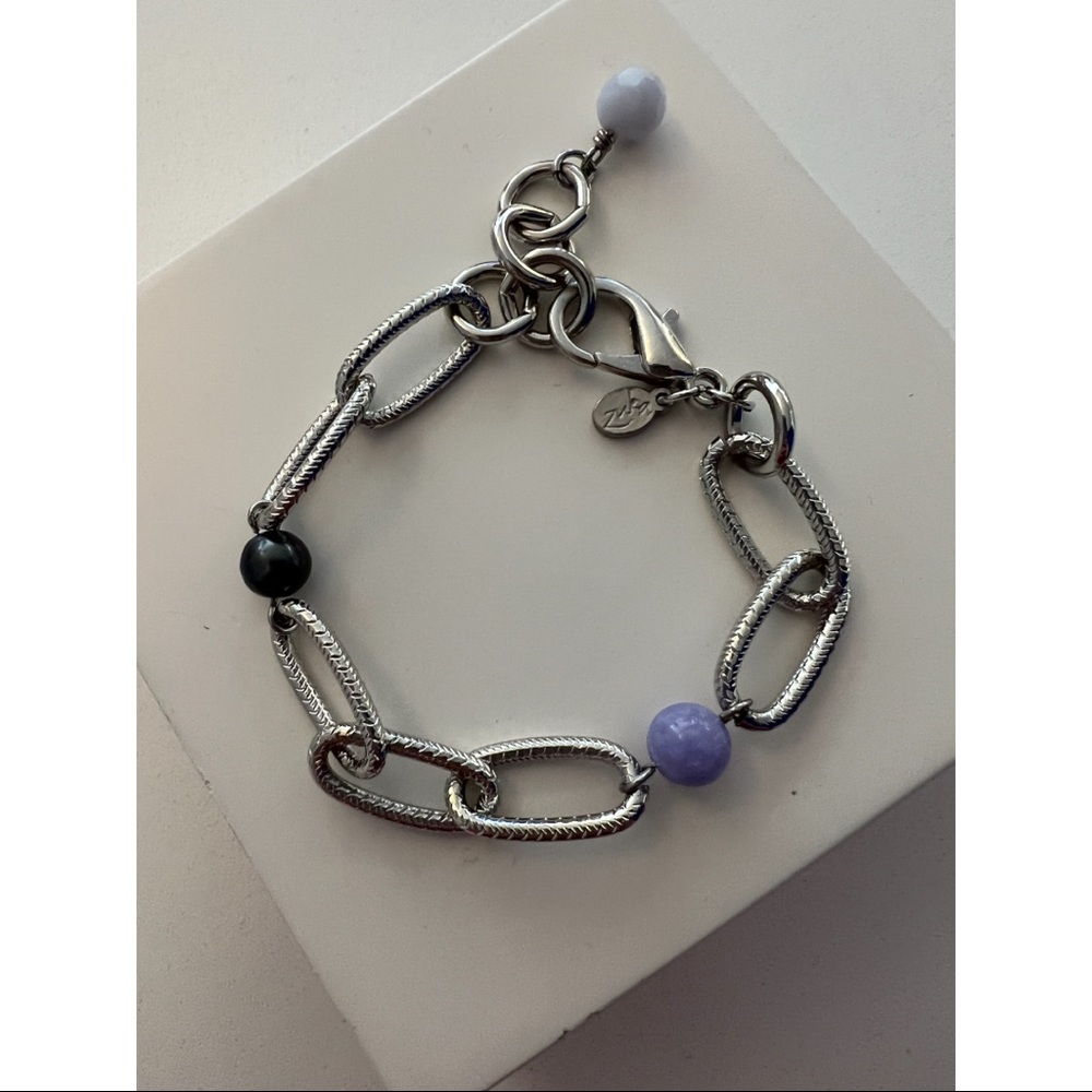 Silver Chain 3 Stone Bead & Pearl Bracelet / Zuka